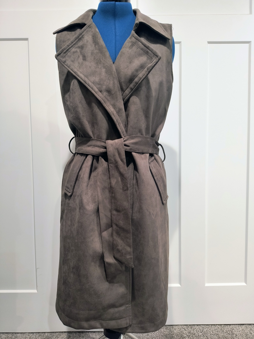 Sleeveless Suede Belted Trench Vest in Taupe
